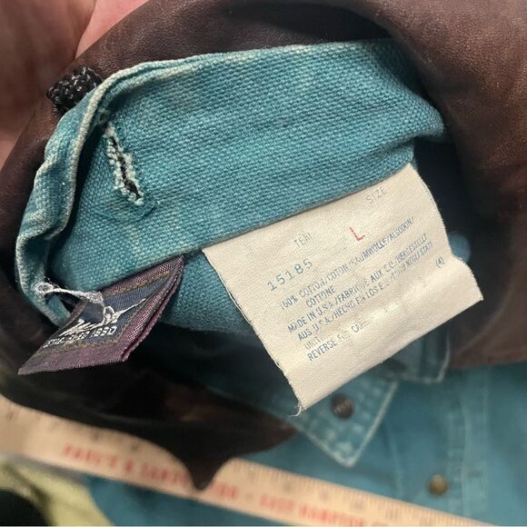 Vintage Woolrich Coat Women’s Made In USA Teal Chore Barn Leather Collar Large - Picture 8 of 8